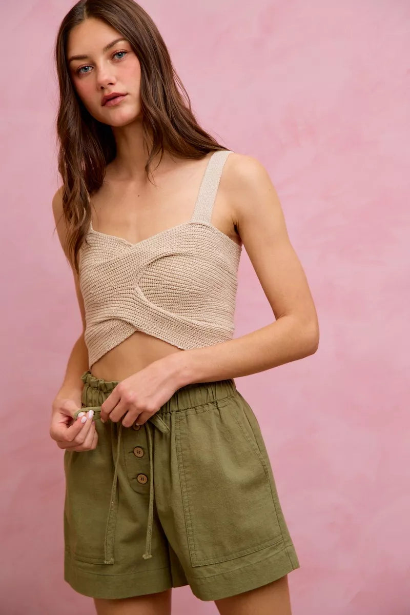 SO ME Paper Bag Patch Pocket Drawstring Twill Shorts - cas7m