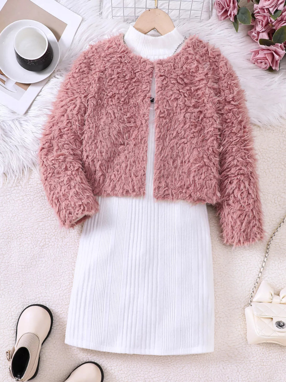 Children's Faux Fur Jacket & Ribbed Dress Set - cas7m