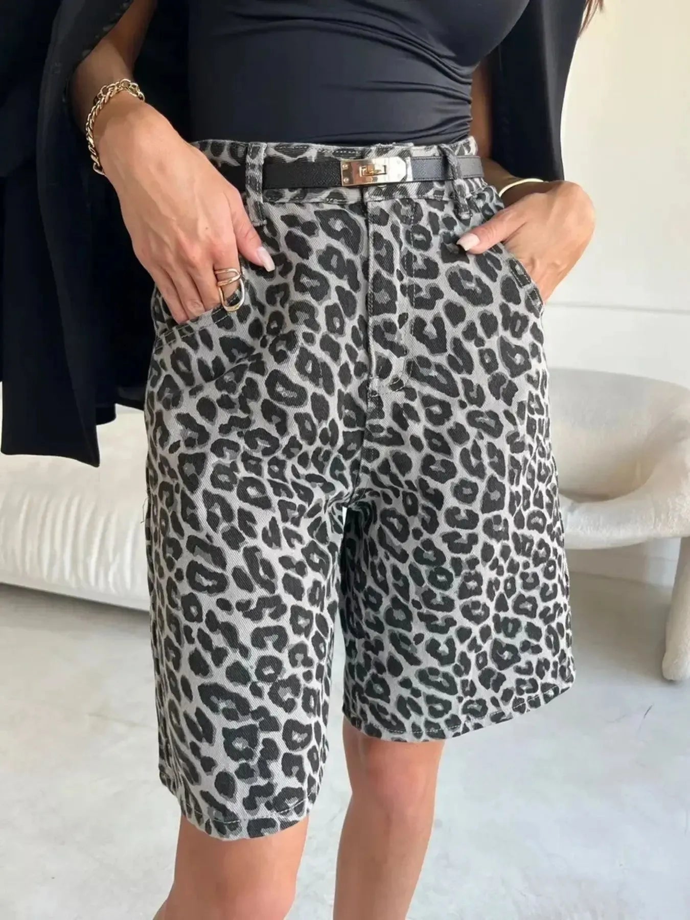 Leopard Print High-Waisted Casual Shorts - cas7m