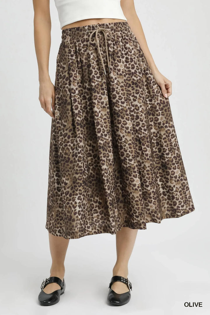Umgee Drawstring Leopard Midi Skirt - cas7m