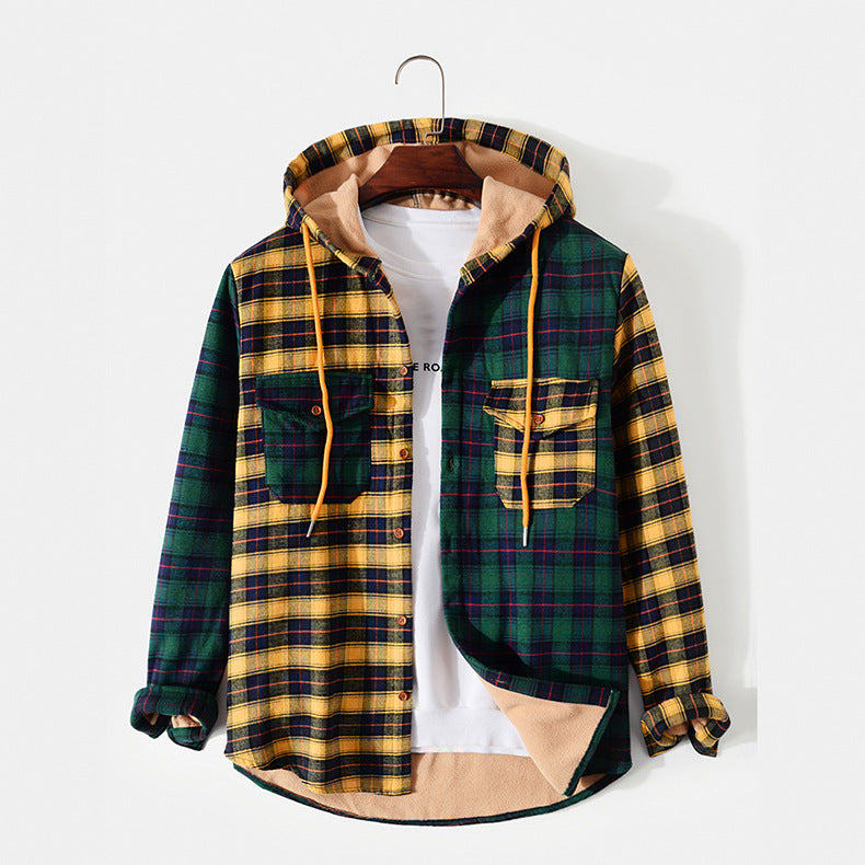 Men's Hooded Jacket Fashion Casual Long Sleeve Plaid Jacket - cas7m