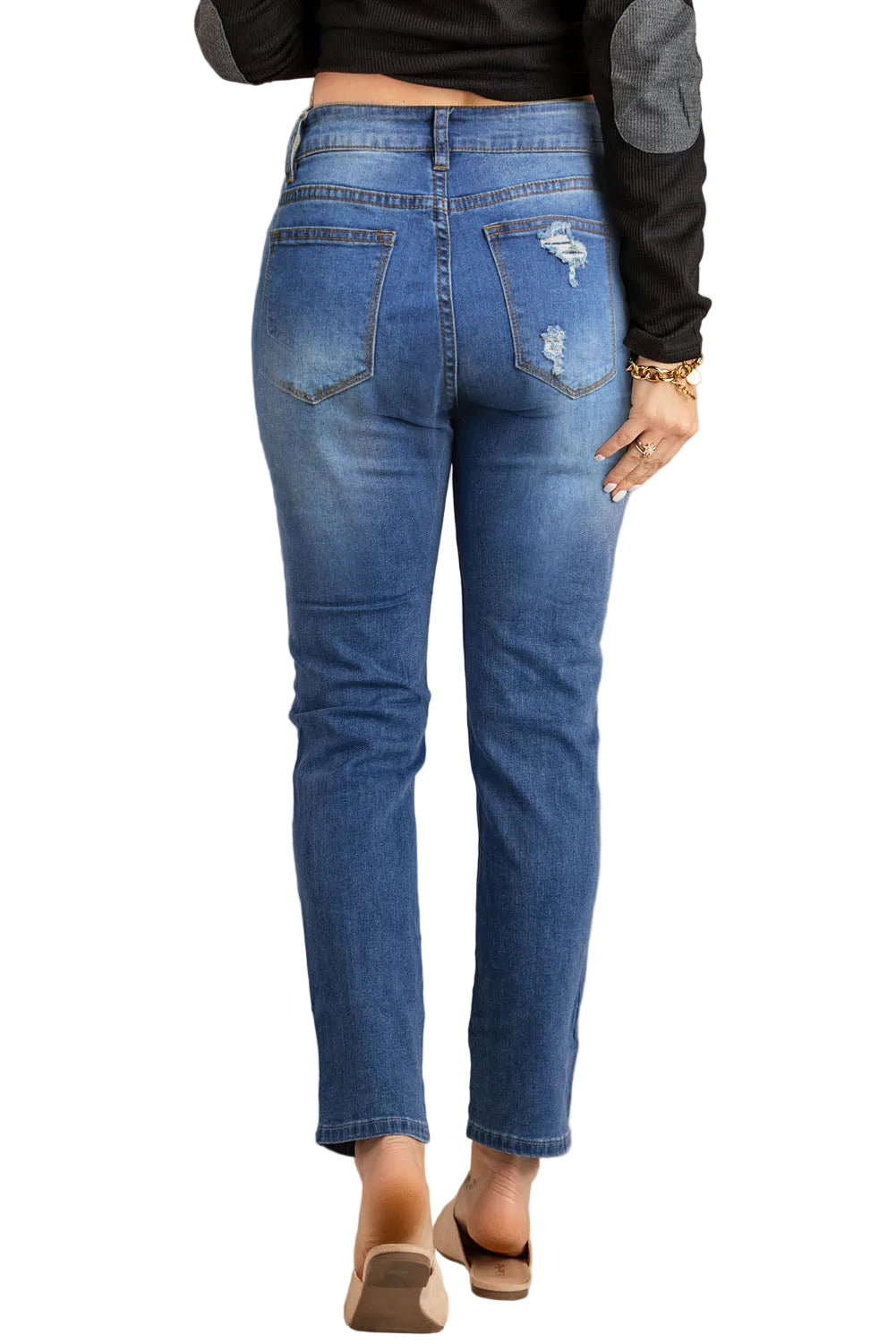 Blue Hollow Out Vintage Skinny Ripped Jeans - cas7m