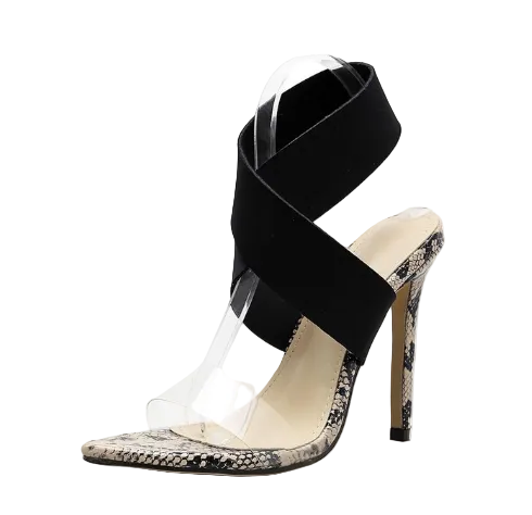 Black Snake Print Pointed Toe High Heels Sandals