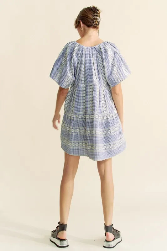 Davi & Dani Embroidered Stripe Ruffled Gingham Mini Dress - cas7m