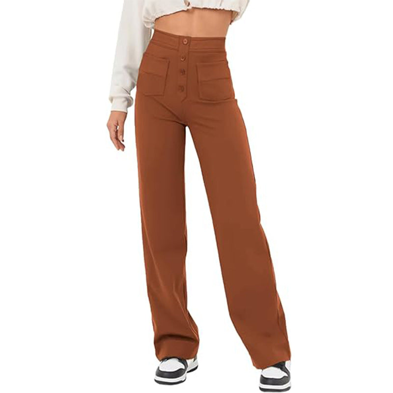 High Waist Trousers With Pockets Casual Loose Wide Leg Button Straight Pants Women's Clothing - cas7m