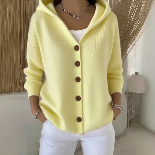 Ins Button Hooded Sweater Fashion Autumn And Winter Knitted Cardigan Casual Commuter Long Sleeve Top Women's Clothing - cas7m