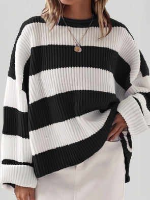 Loose Striped Sweater Fashion Casual Long Batwing Sleeve Round Neck Pullover Knit Tops Women Clothing - cas7m