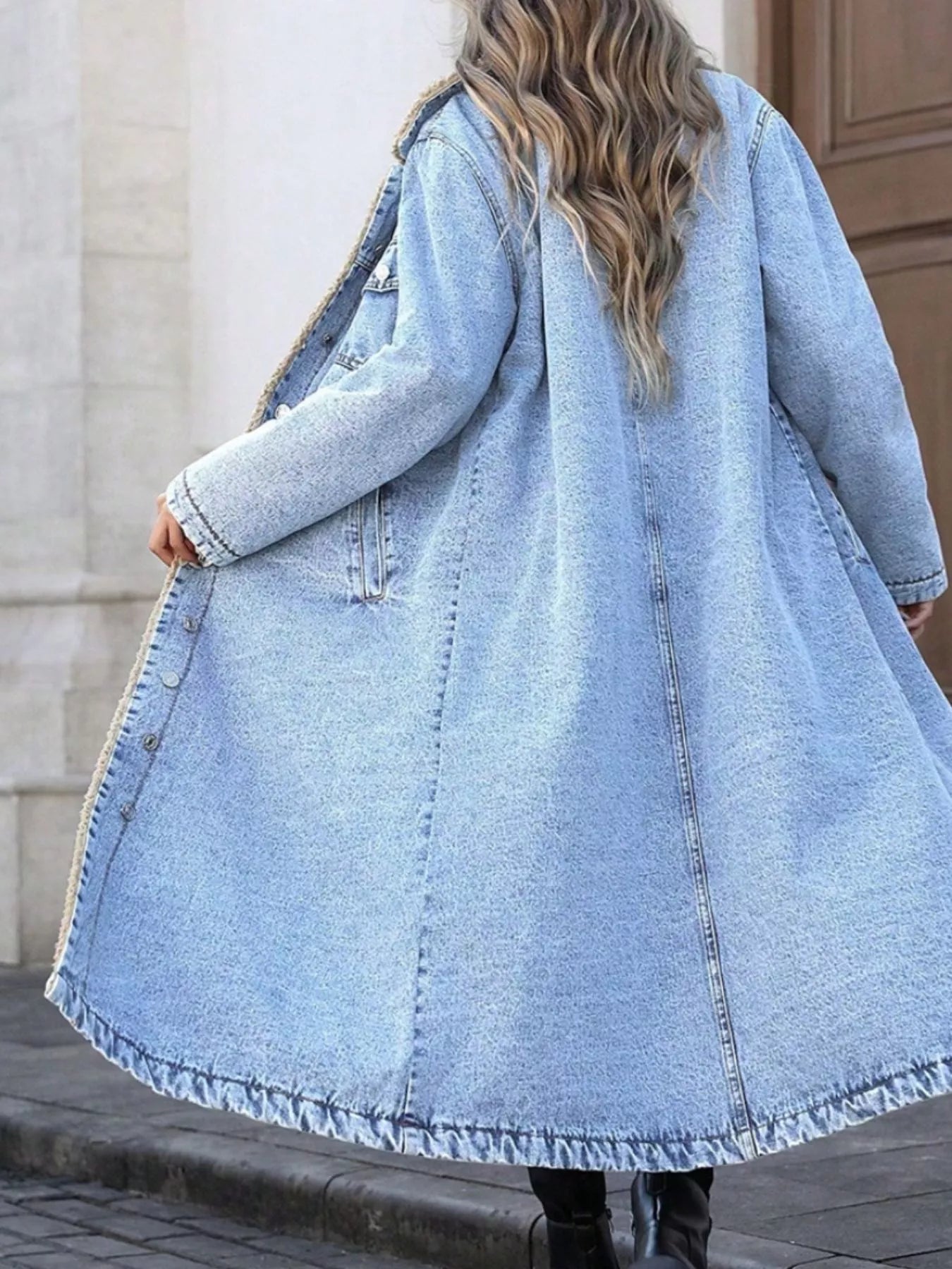 Sherpa Lined Longline Denim Jacket - cas7m