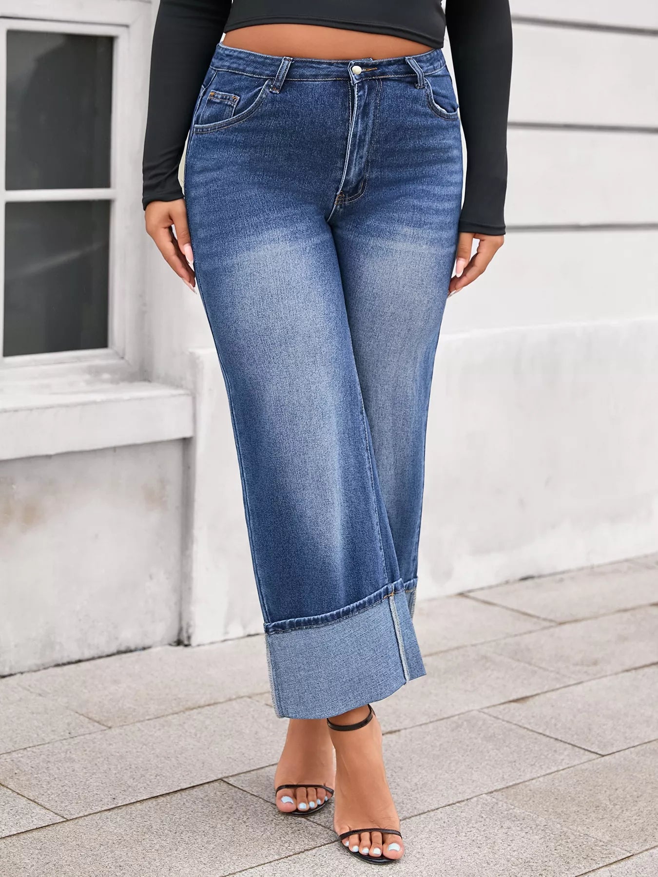Plus Size High Waist Cuffed Wide Leg Jeans - cas7m