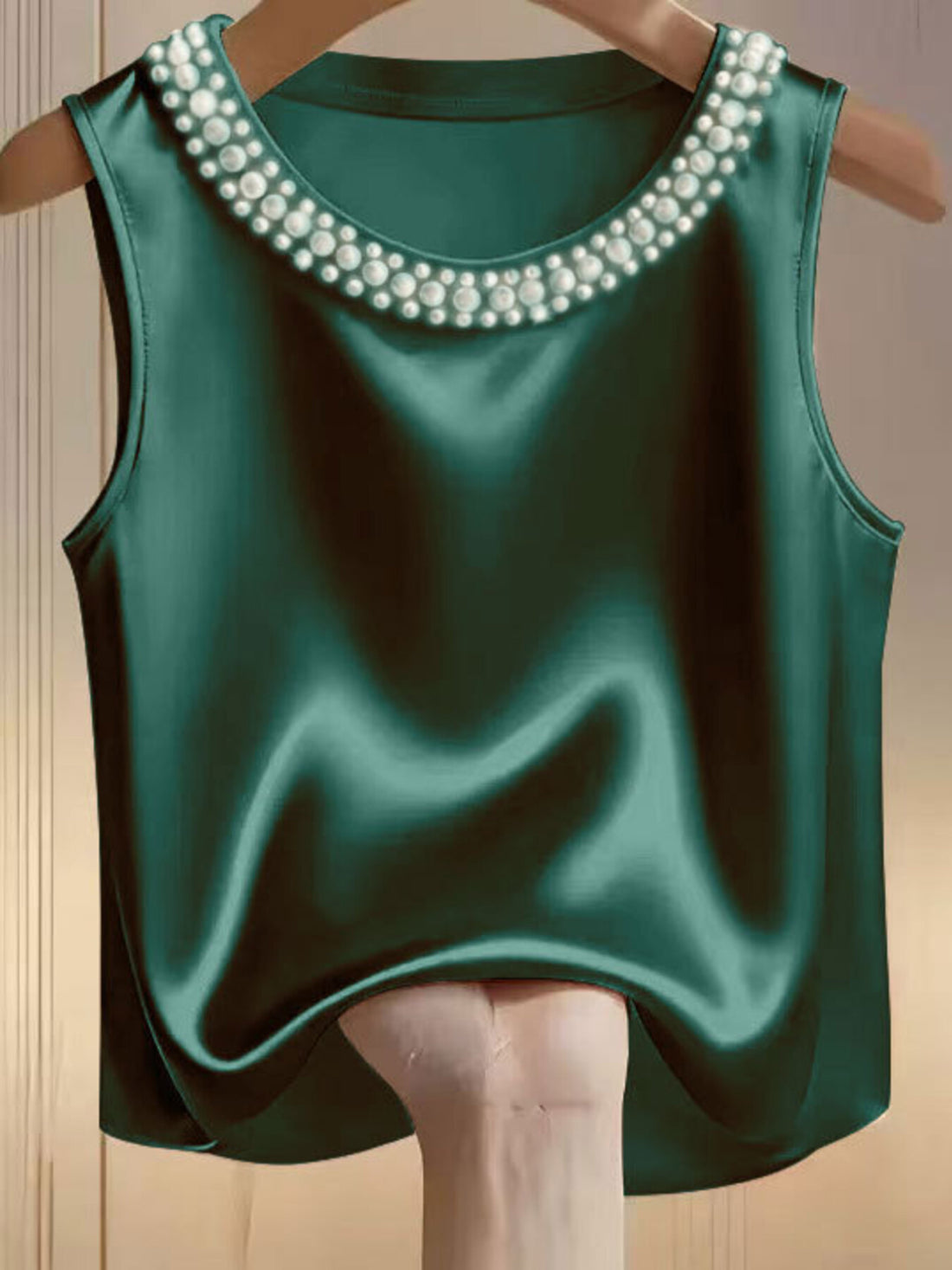Pearl Embellished Satin Tank Top - cas7m