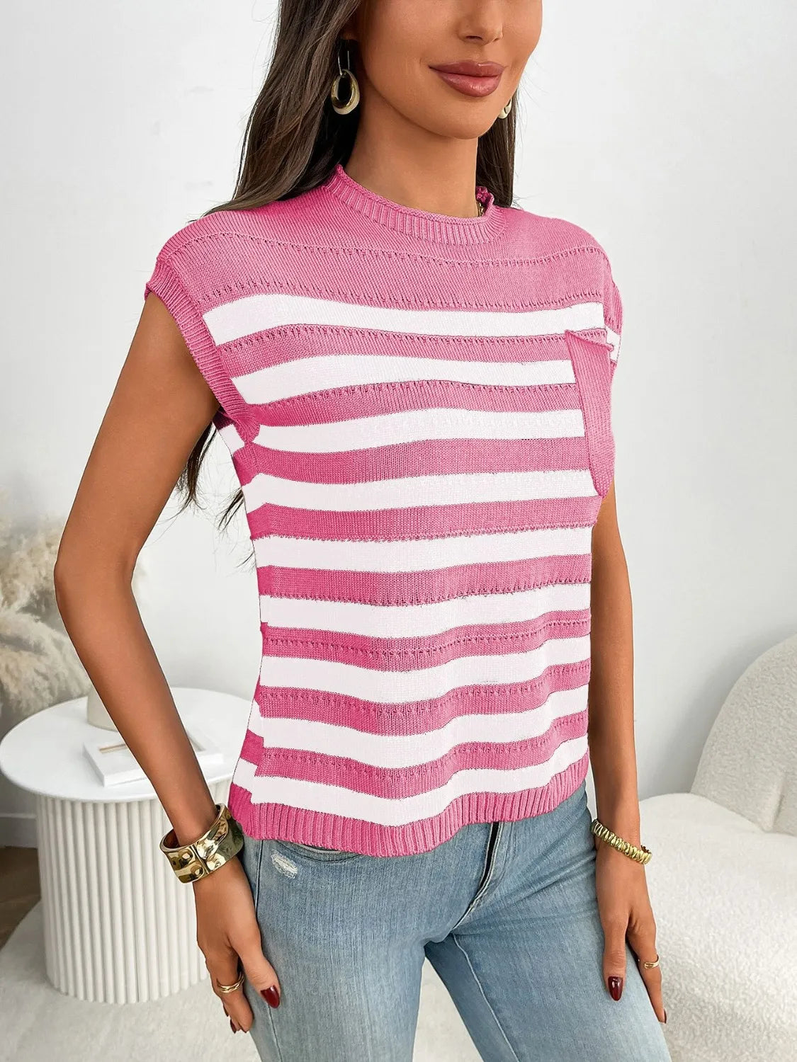 Striped Mock Neck Cap Sleeve Knit Top - cas7m