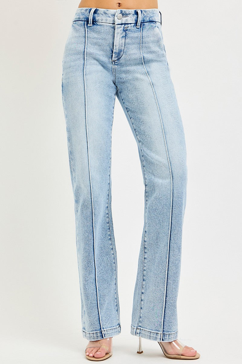 RISEN Tummy Control High Rise Straight Pin Tuck Jeans - cas7m
