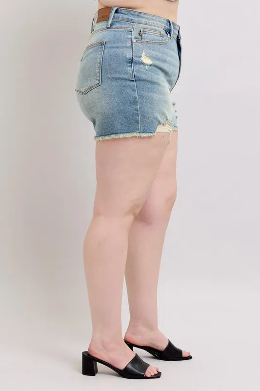 Judy Blue Plus Size High Rise Washed Fly Stitch Detail and Destroy Denim Shorts - cas7m