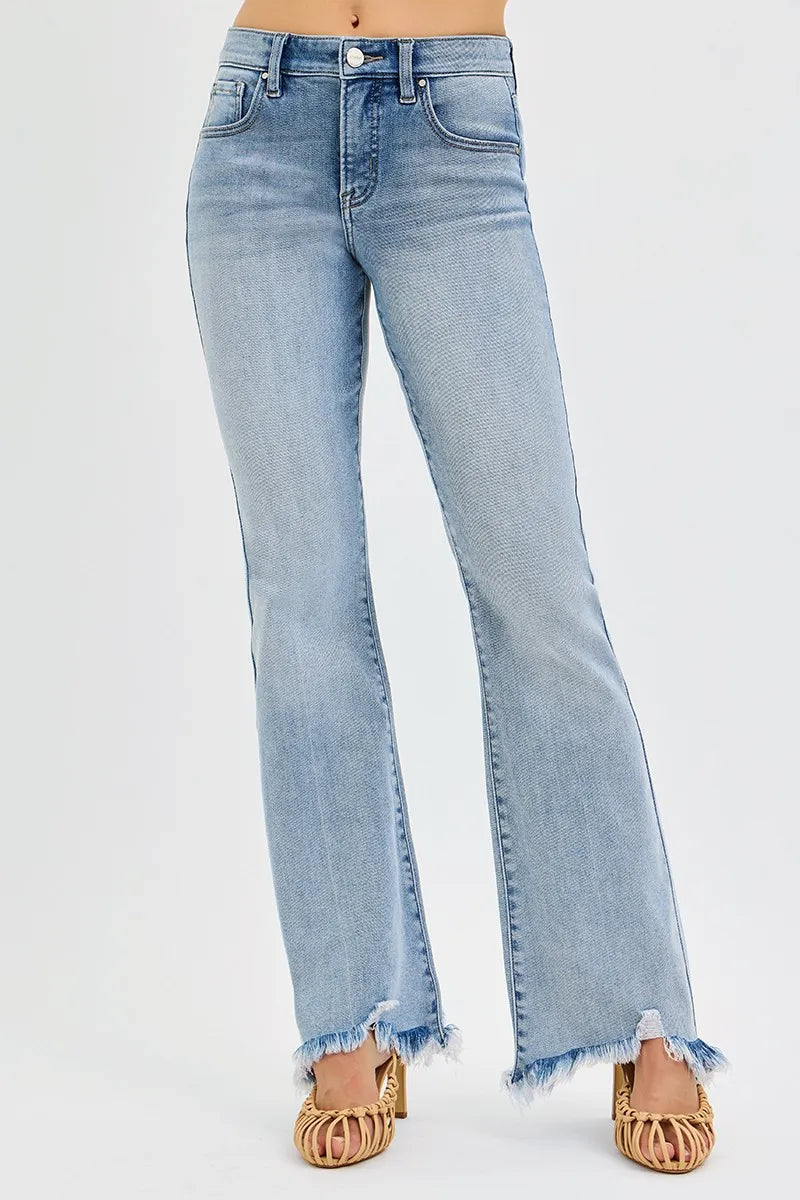 RISEN Full Size Tummy Control Mid Rise Flare Jeans with Fray Hem Detailed Plus Size - cas7m