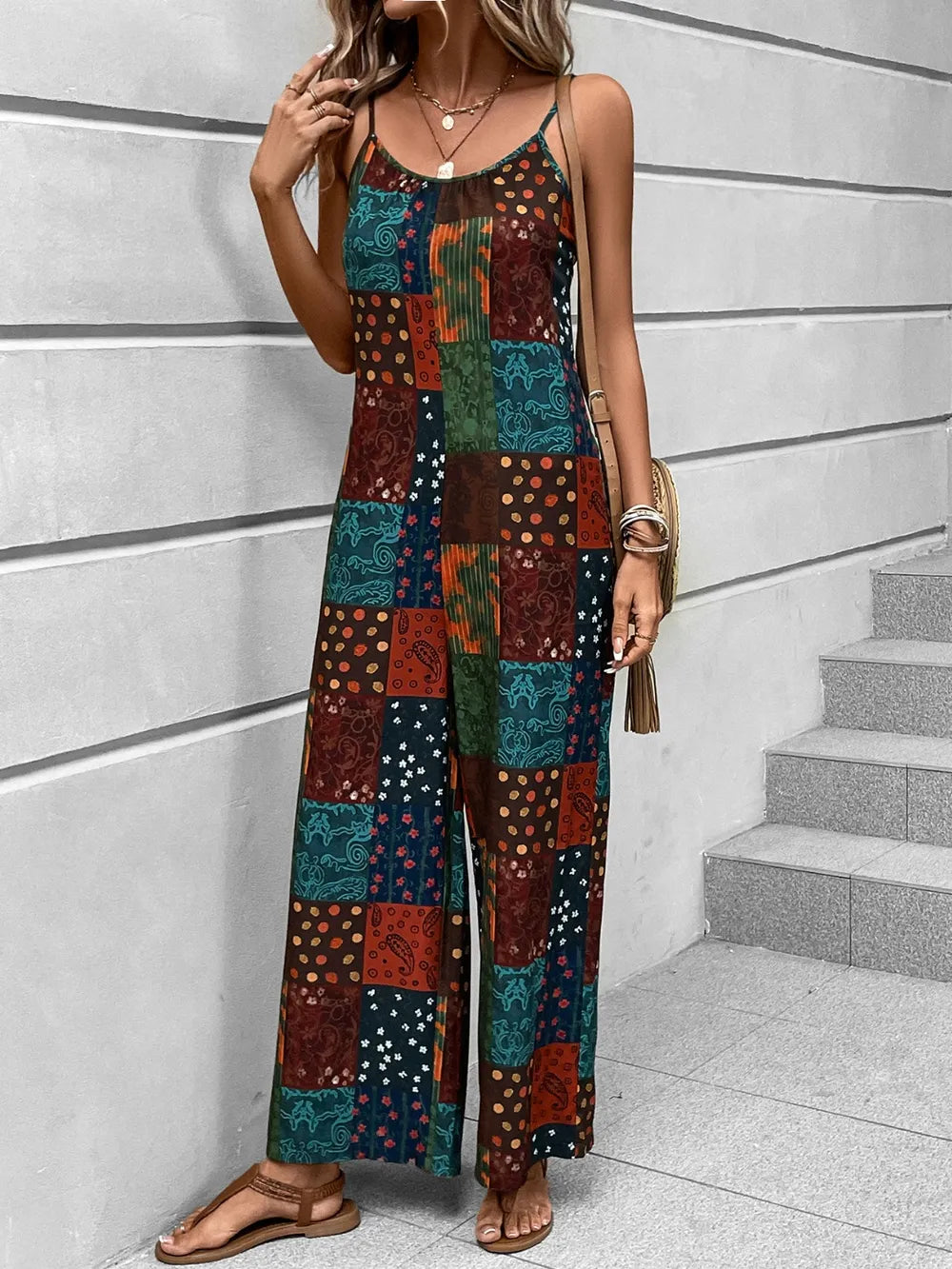 Printed Scoop Neck Spaghetti Strap Jumpsuit - cas7m