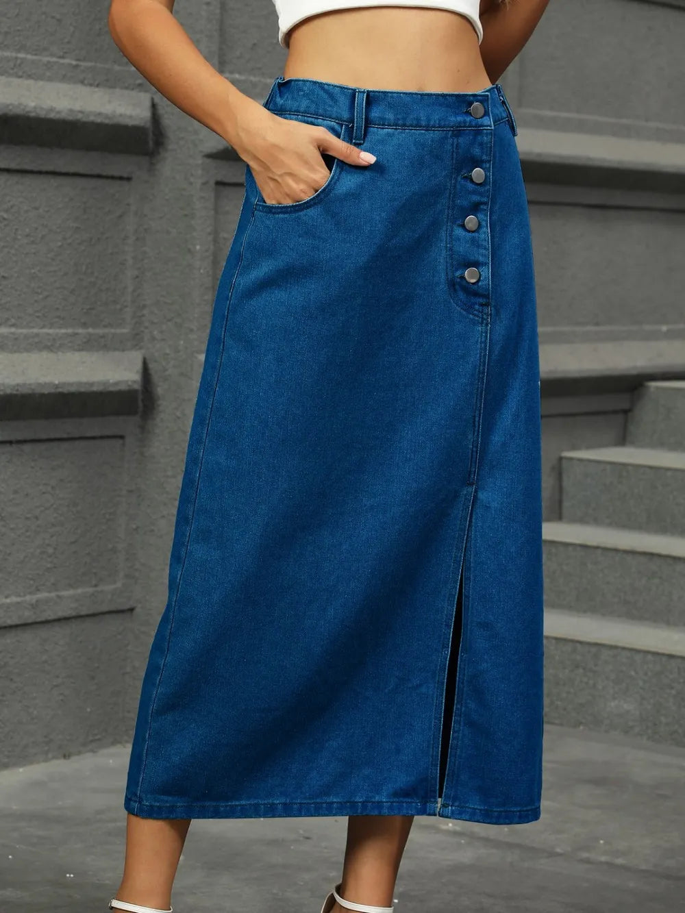 Slit Button Detail Denim Midi Skirt - cas7m