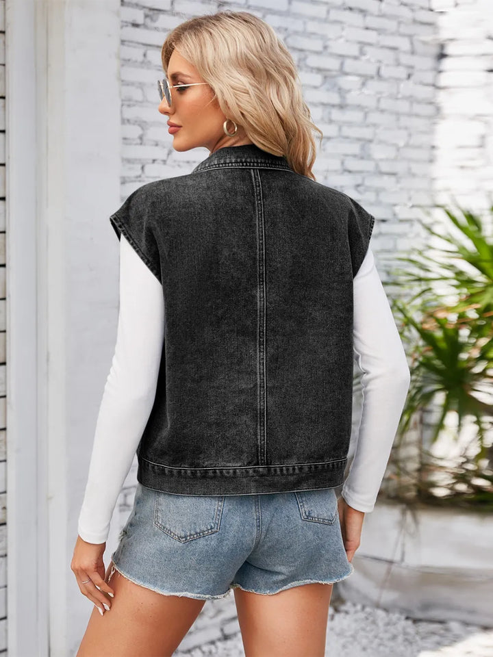Cap Sleeve Denim Jacket with Pockets - cas7m