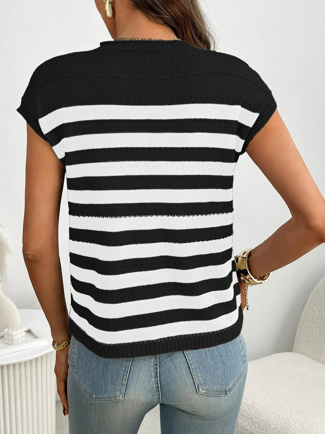 Striped Mock Neck Cap Sleeve Knit Top - cas7m