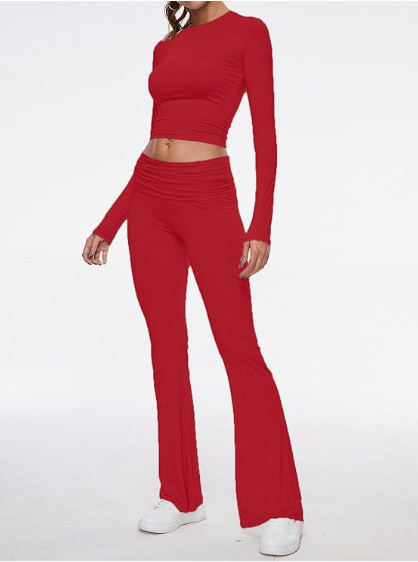 Women's Round Neck Bell-Bottom Pants Suit - cas7m