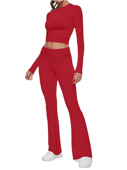 Women's Round Neck Bell-Bottom Pants Suit - cas7m