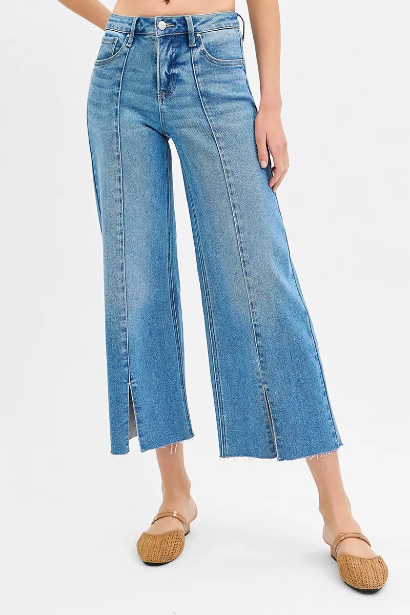 RISEN Tummy Control Mid Rise Crop Wide Front Slit Jeans - cas7m
