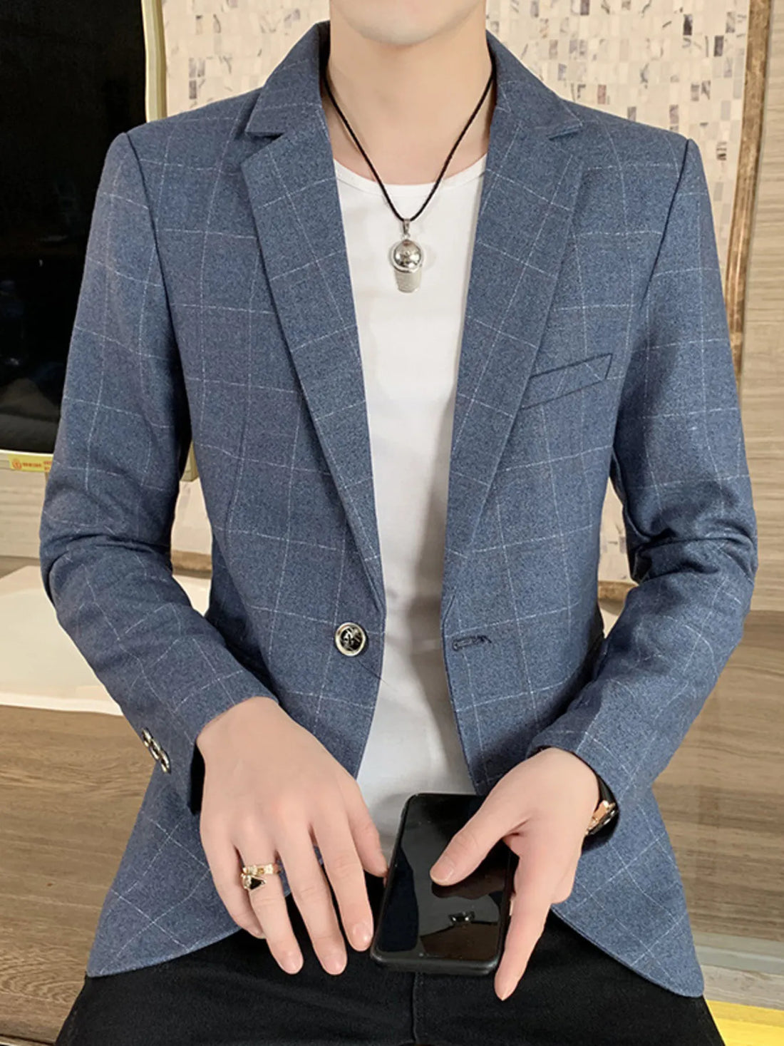 Men's Plus Size Slim Fit Plaid Pattern Blazer - cas7m