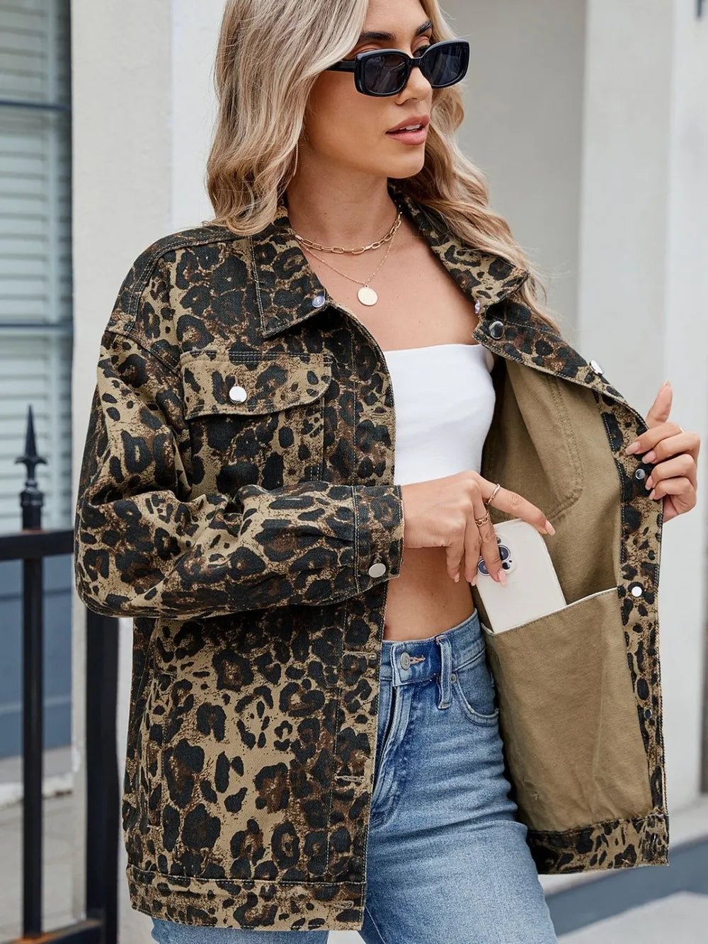 Pocketed Leopard Long Sleeve Denim Jacket - cas7m
