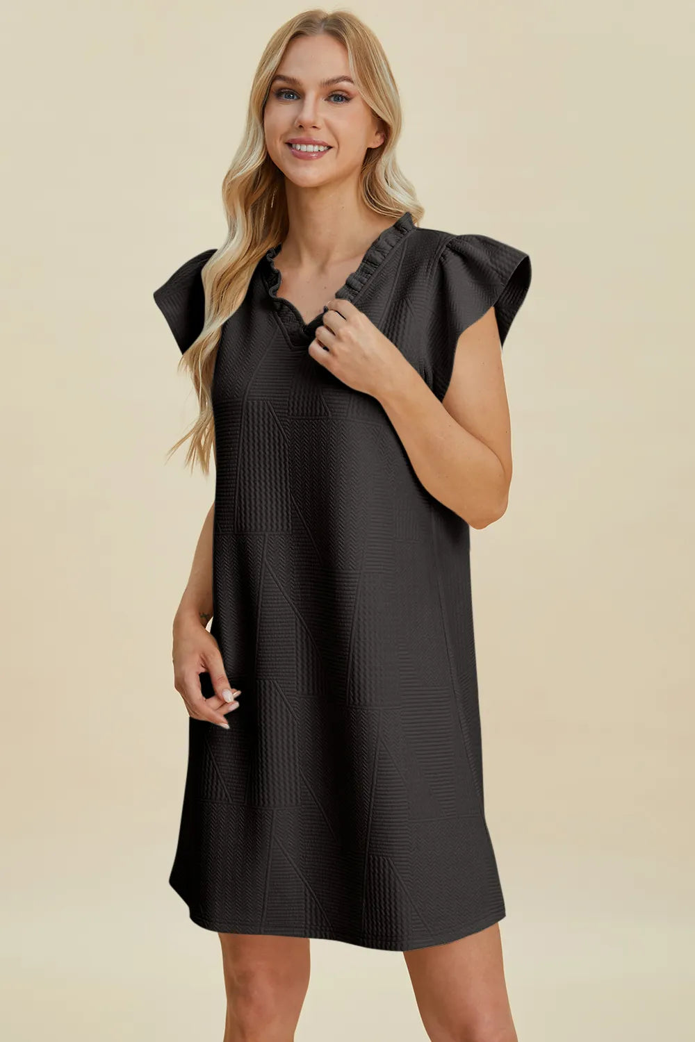 Double Take Full Size Ruffled V-Neck Cap Sleeve Dress - cas7m