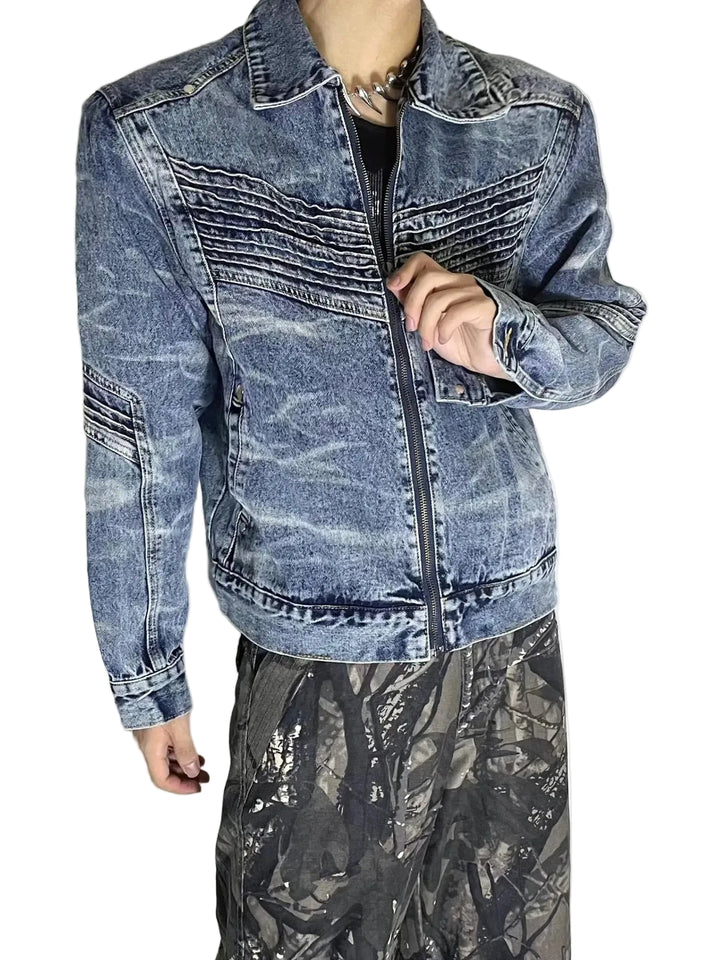 Men's Washed Zip Up Denim Jacket - cas7m