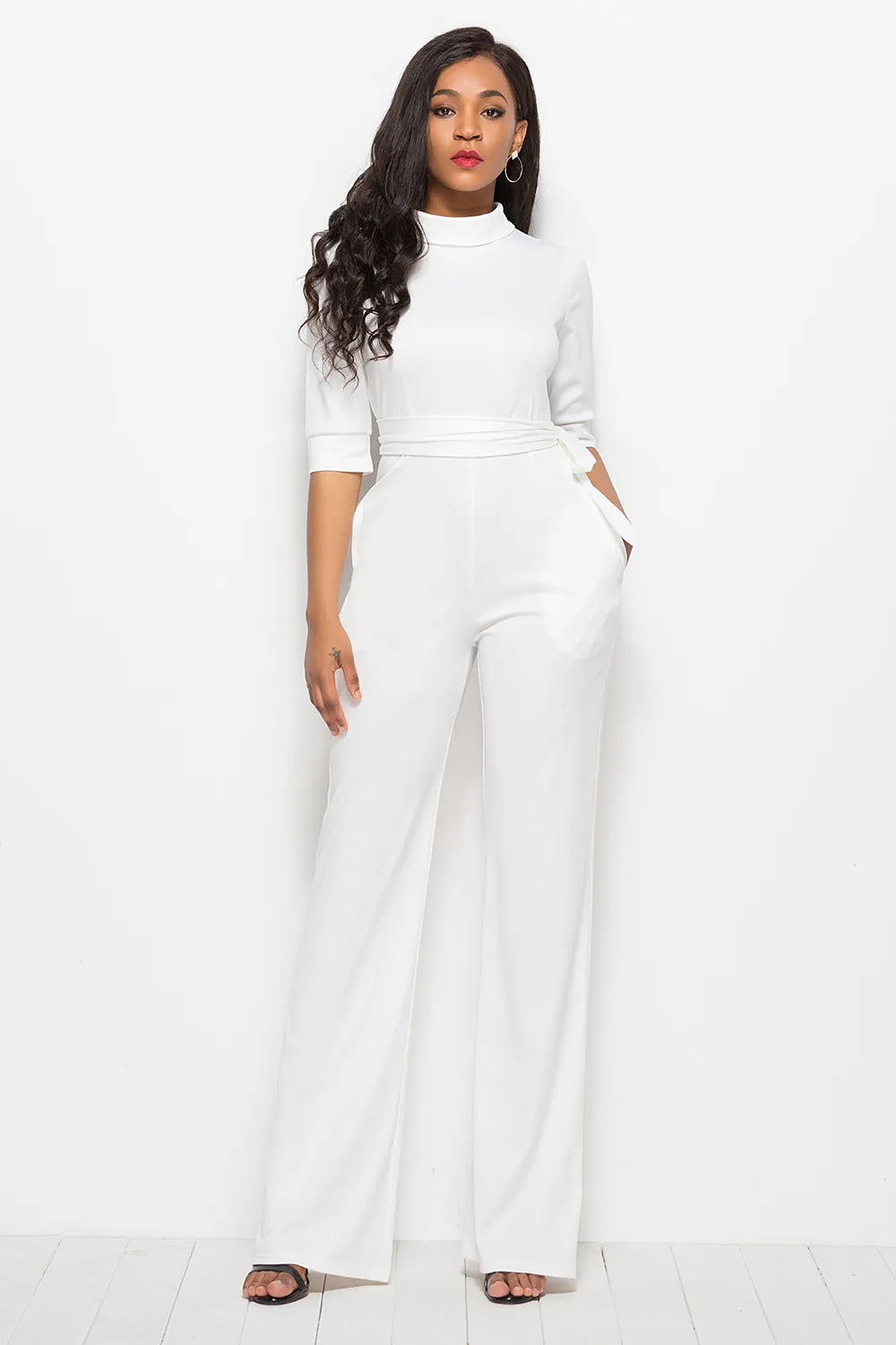 Mock Neck Tie-Waist Half Sleeve Jumpsuit - cas7m