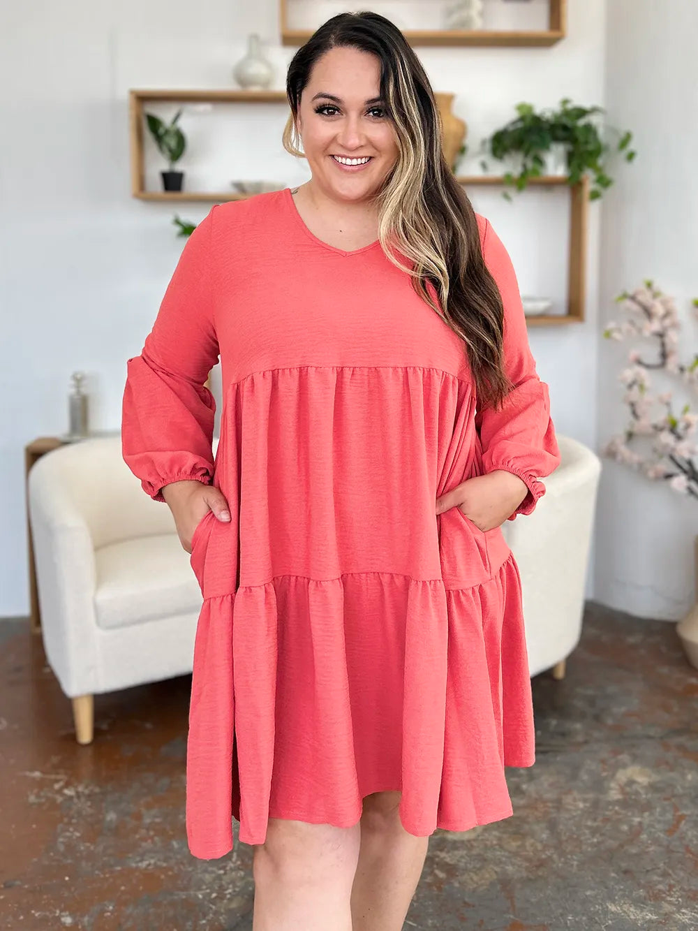 Double Take Full Size V-Neck Balloon Sleeve Tiered Dress with Pockets - cas7m