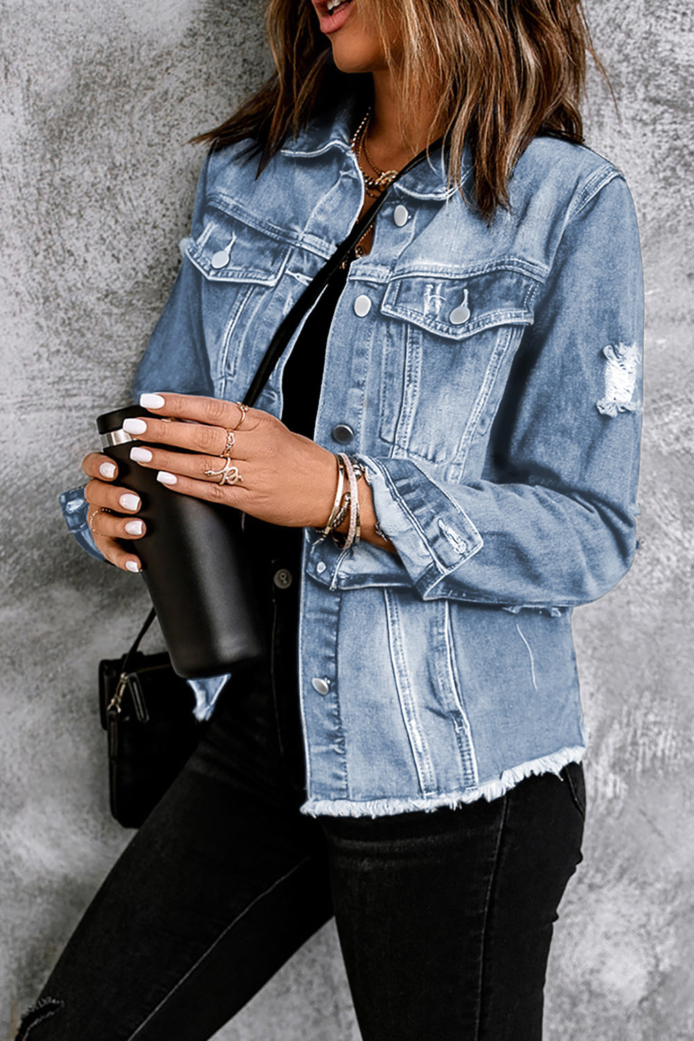 Distressed Raw Hem Buttons Denim Jacket - cas7m