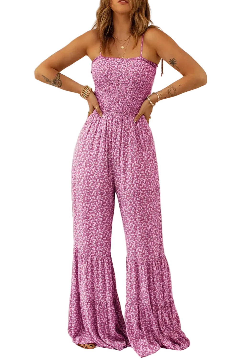 Smocked Printed Wide Strap Jumpsuit - cas7m