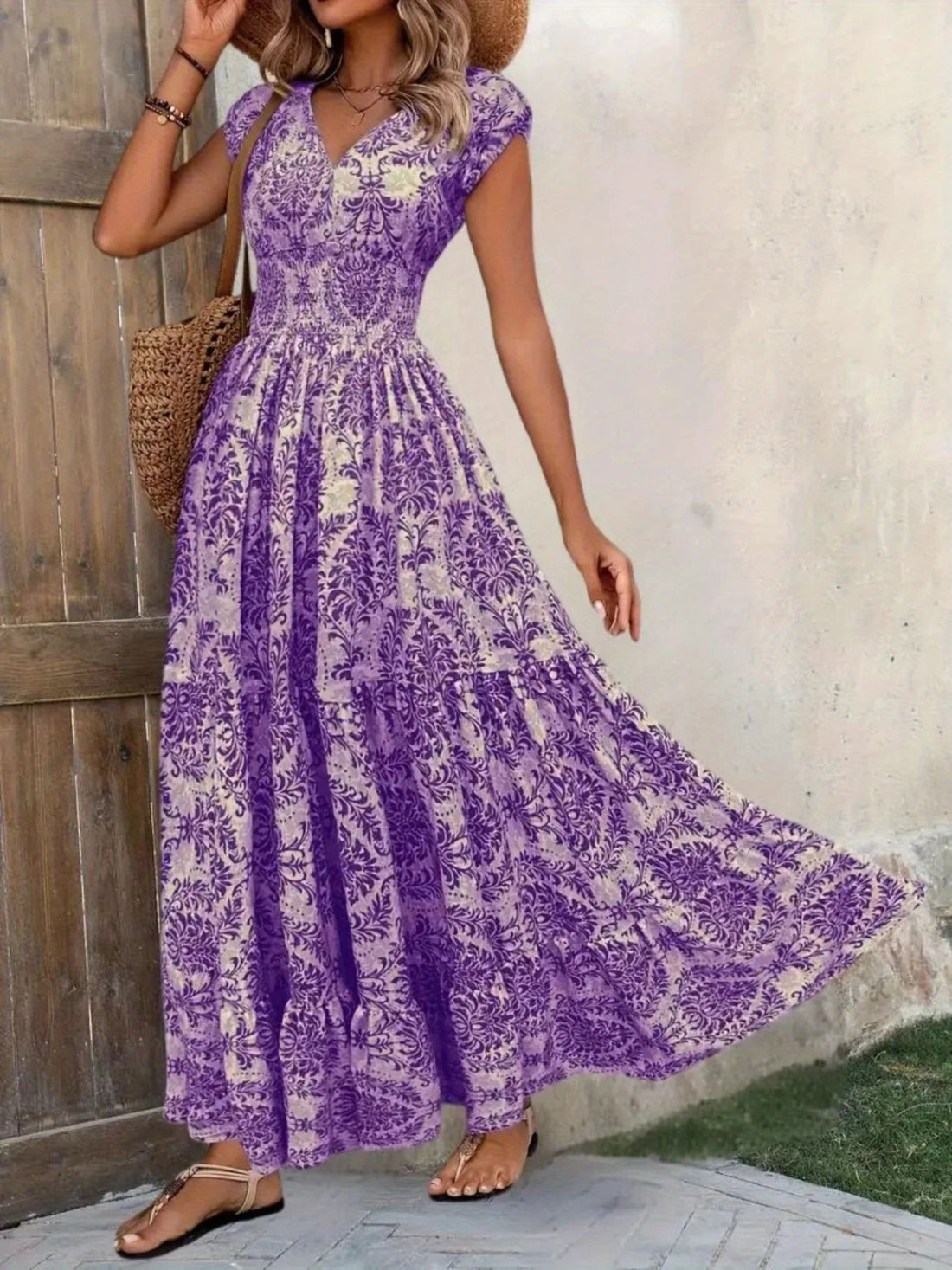 Printed Cap Sleeve Maxi Dress - cas7m