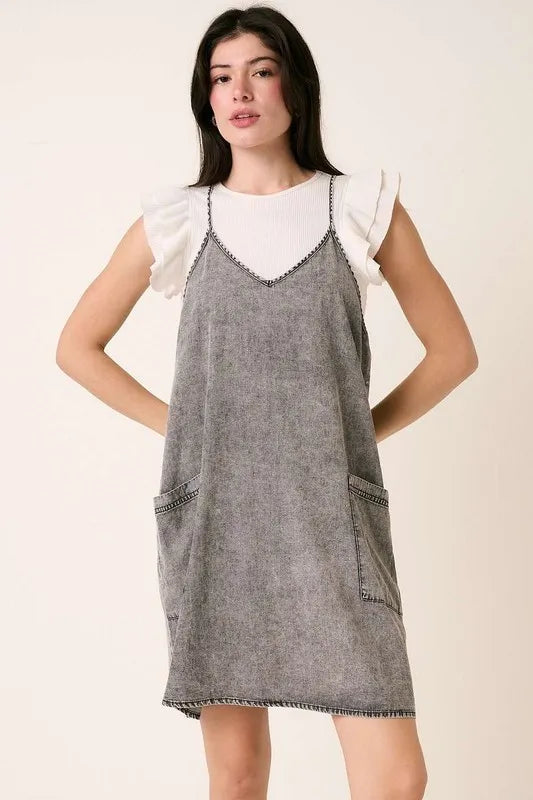 Mittoshop Washed Patch Pocket Mini Cami Denim Dress - cas7m