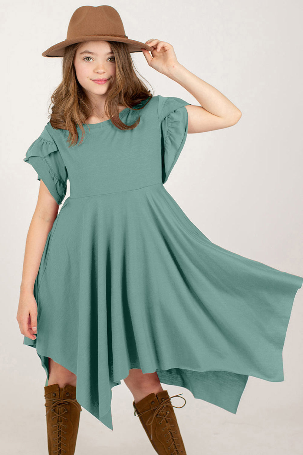 Round Neck Petal Sleeve Dress - cas7m
