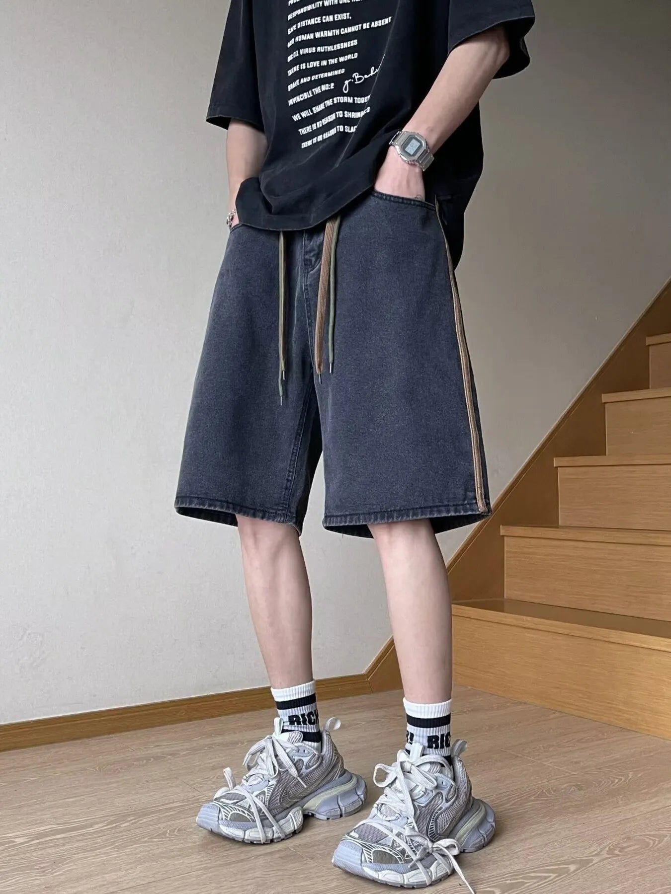 Men's Full Size Drawstring Wide-Leg Denim Shorts Plus Size - cas7m