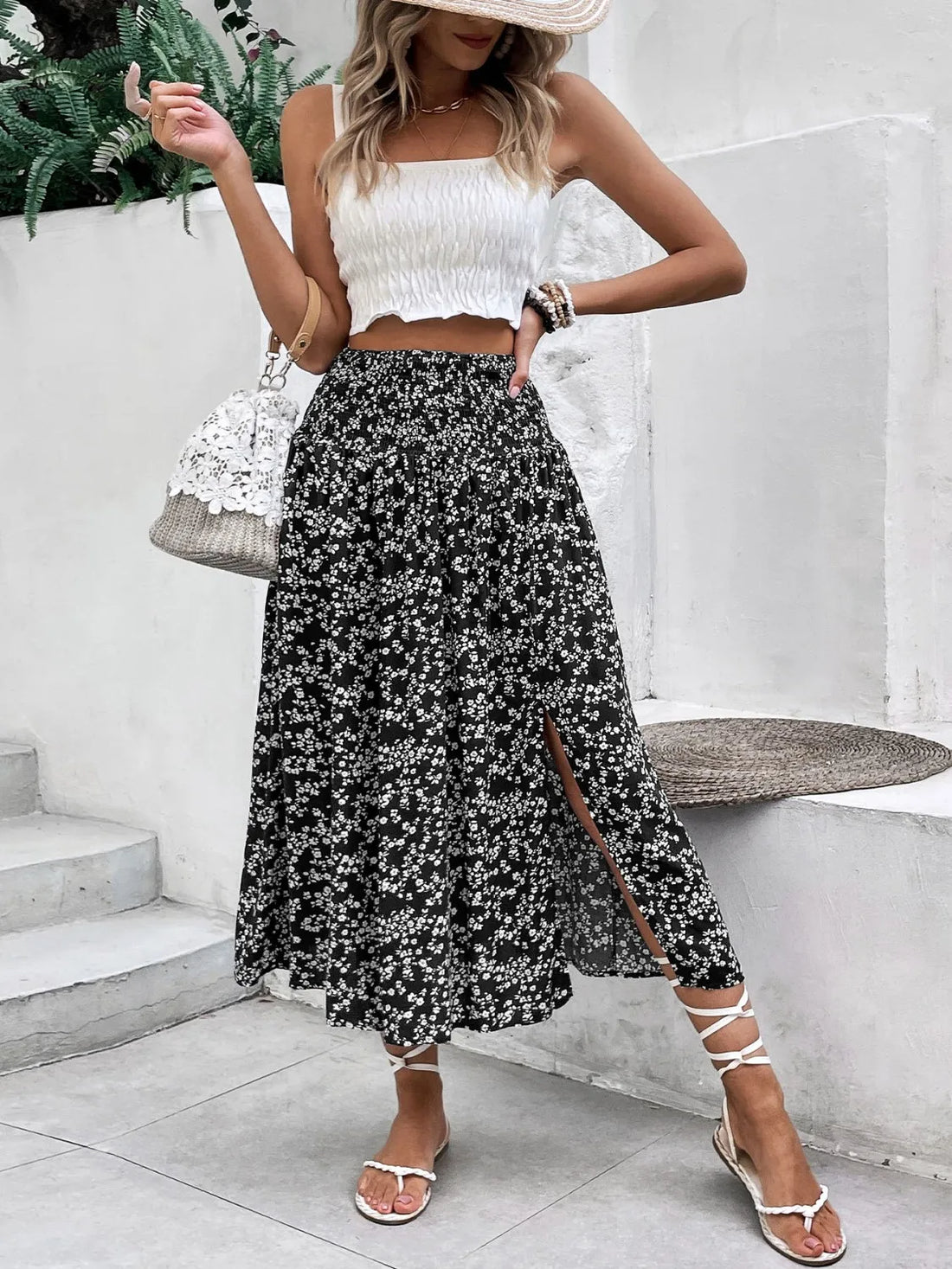 Slit Smocked Printed Skirt - cas7m