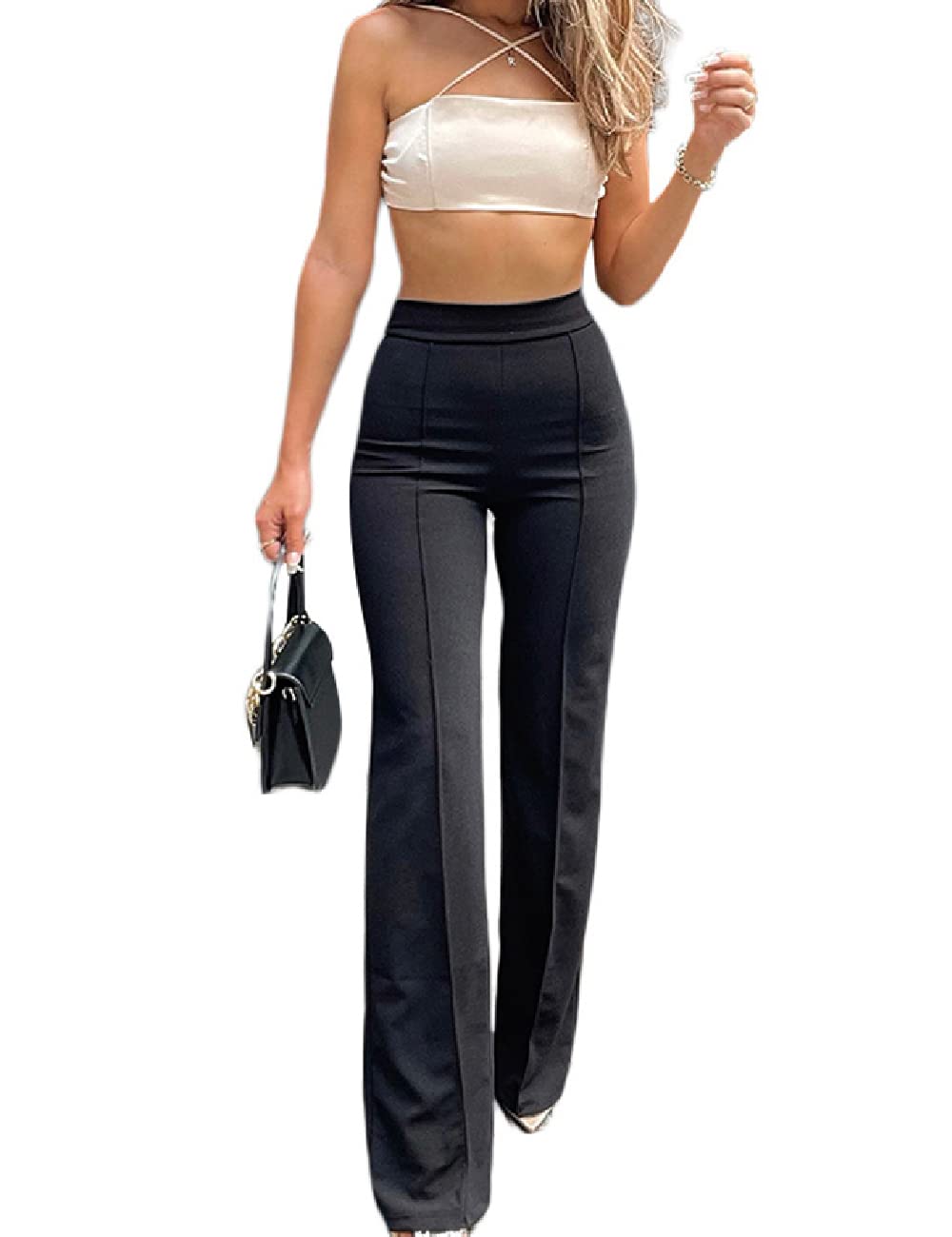 LIVECLOTH Womens Black Flare Dress Pants for Women Work Business Office Casual Wear Long Trousers High Wasit Straight-Leg Bell Flare Pants Flare Dress Pants High Waisted (Black M)