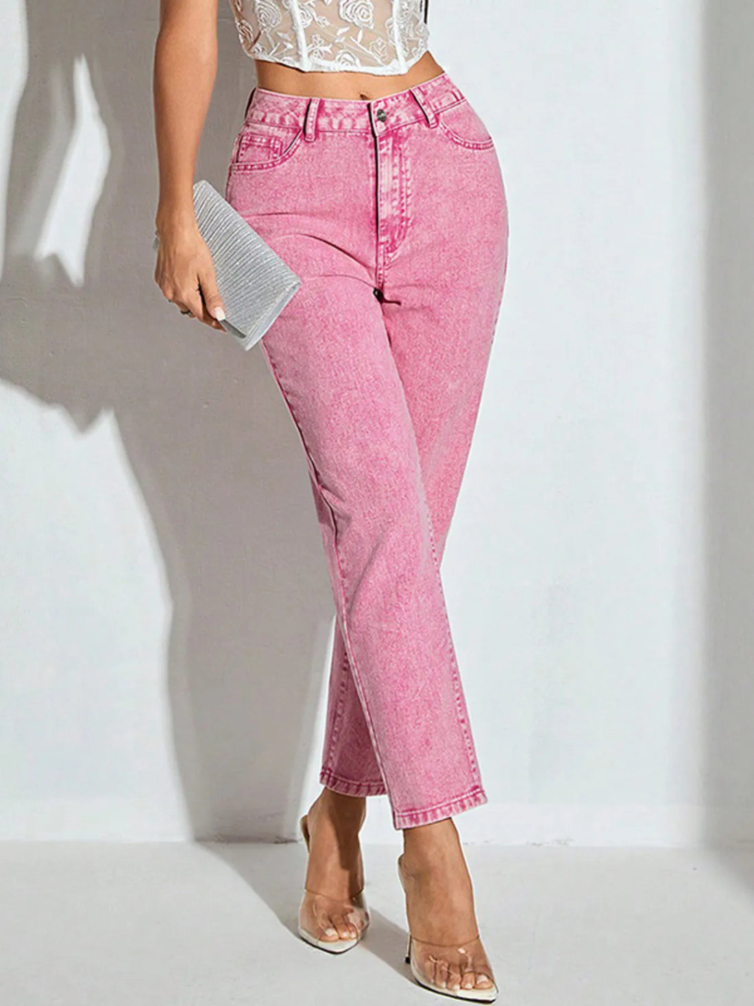 High-Waisted Wash Straight Leg Jeans - cas7m