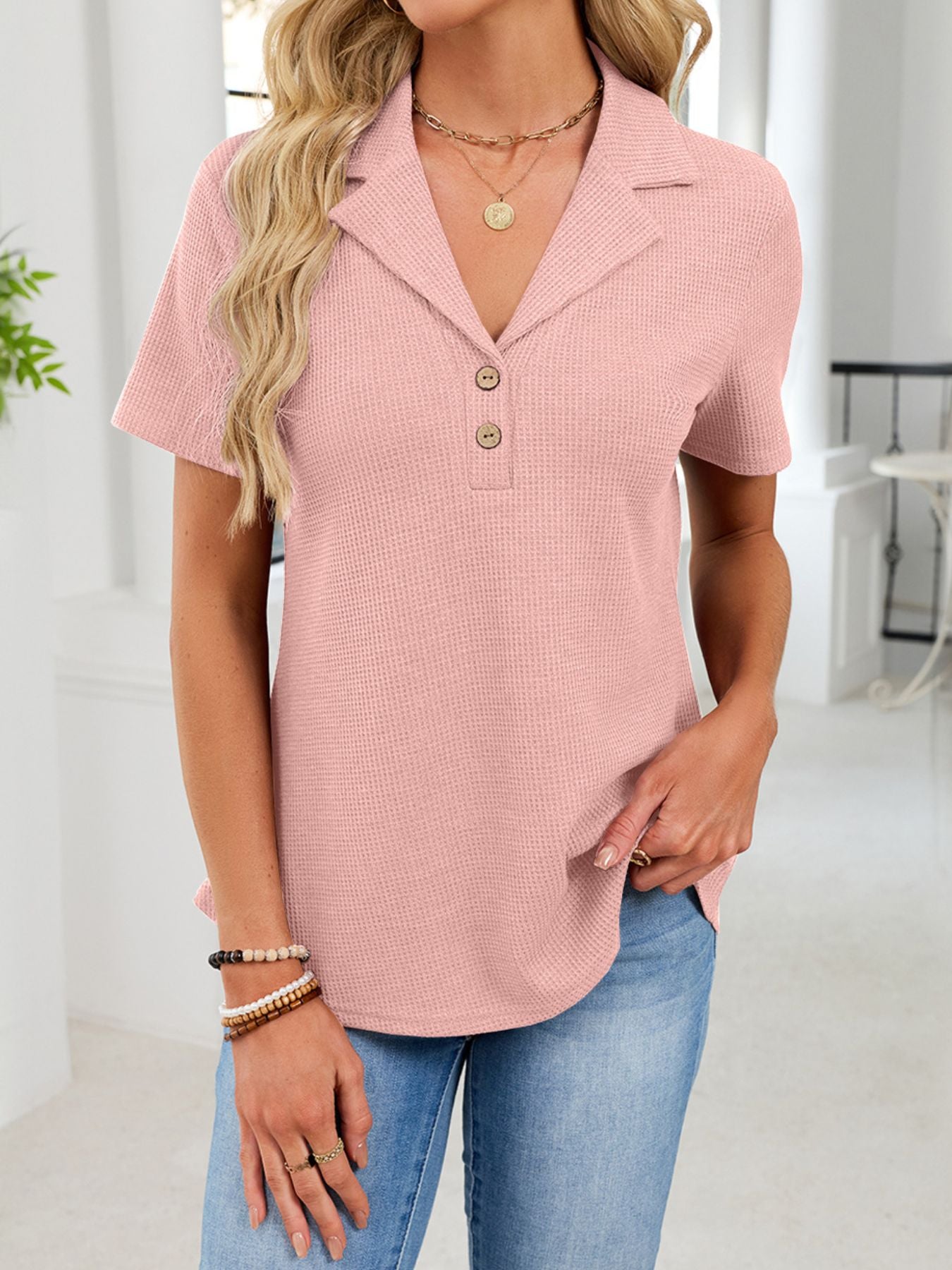 Waffle Knit Button Detail T-Shirt - cas7m