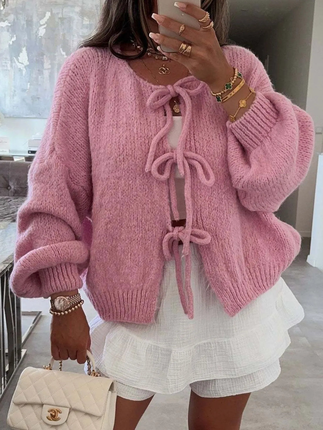 Cozy Bow-Tie Front Knit Cardigan - cas7m