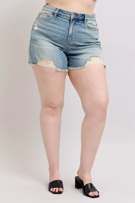 Judy Blue Plus Size High Rise Washed Fly Stitch Detail and Destroy Denim Shorts - cas7m