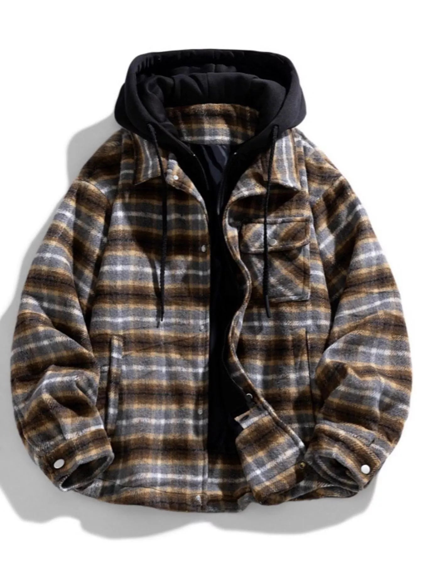 Men's Plus Size Drawstring Hooded Plaid Shirt Jacket - cas7m