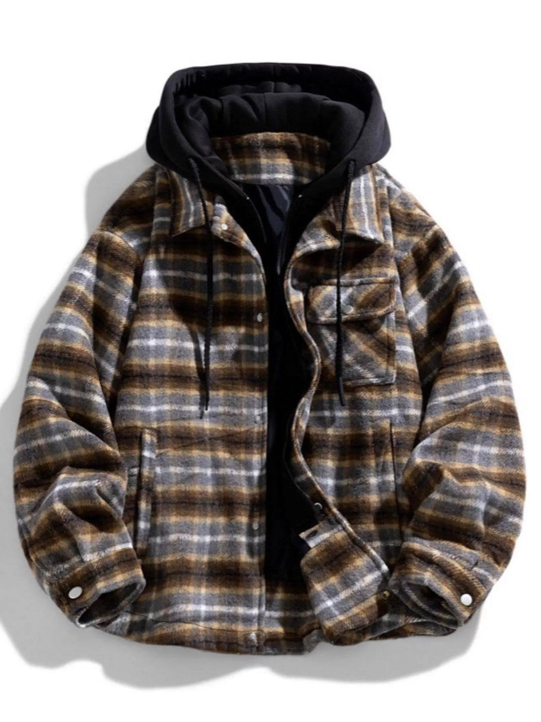 Men's Plus Size Drawstring Hooded Plaid Shirt Jacket - cas7m
