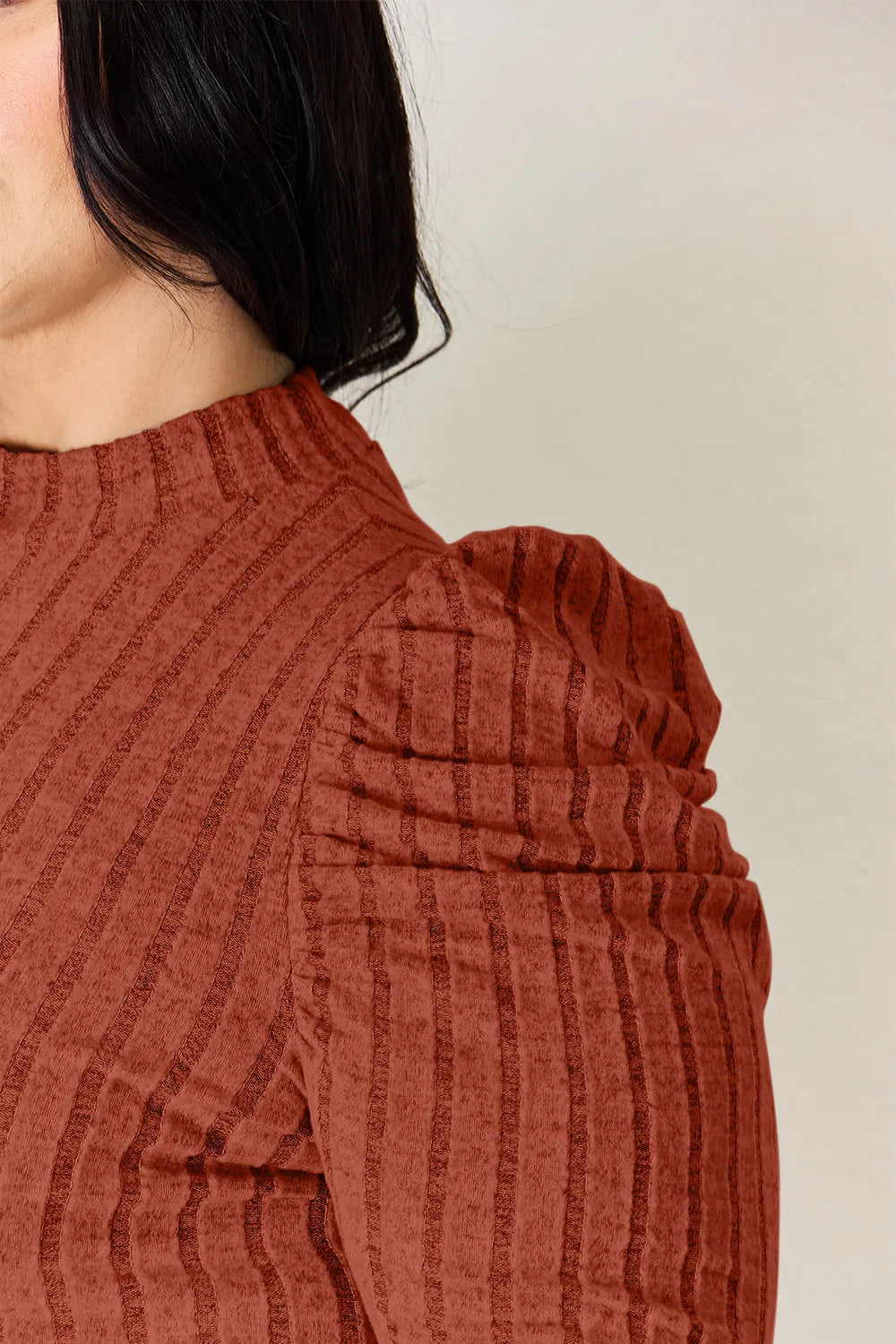 Basic Bae Full Size Ribbed Mock Neck Puff Sleeve T-Shirt - cas7m