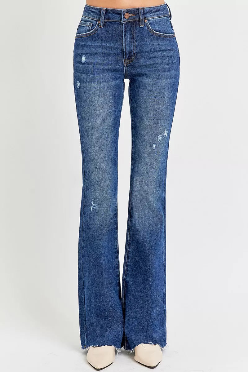 RISEN Full Size Distressed Mid Rise Flare Jeans Plus Size - cas7m
