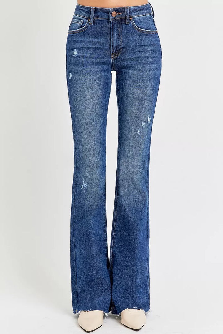 RISEN Full Size Distressed Mid Rise Flare Jeans Plus Size - cas7m