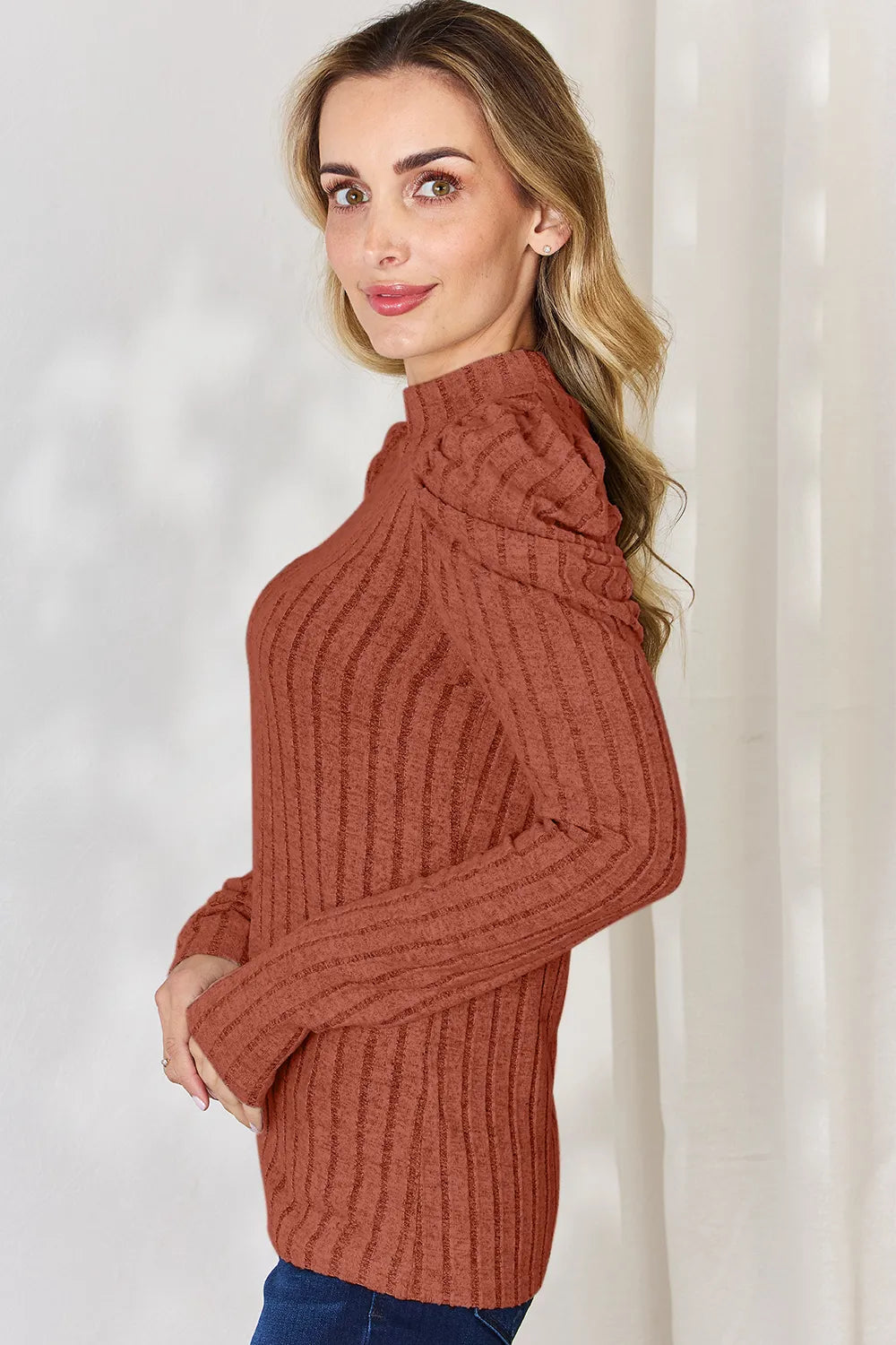 Basic Bae Full Size Ribbed Mock Neck Puff Sleeve T-Shirt - cas7m