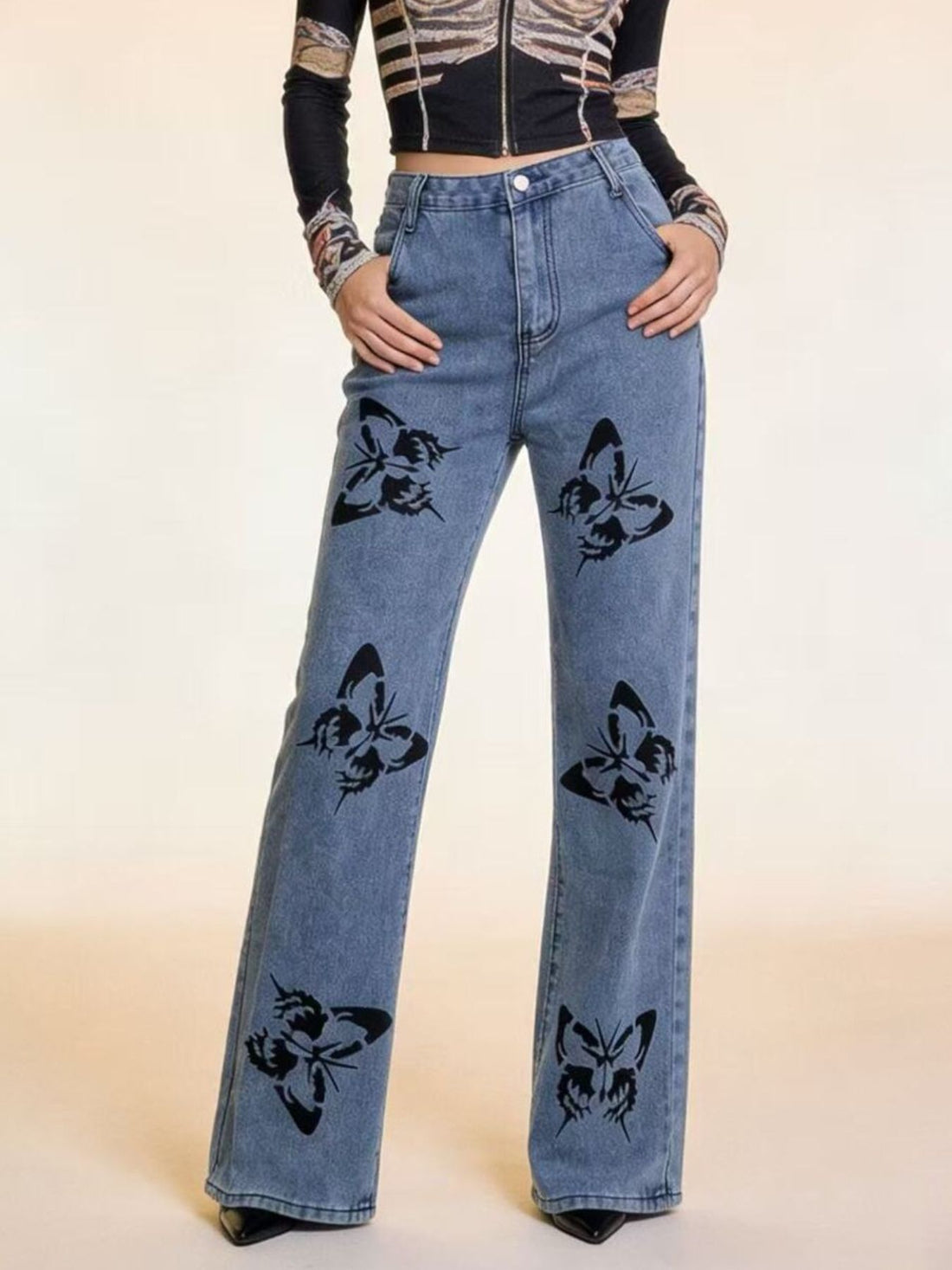 Butterfly Print High-Waisted Wide Leg Jeans - cas7m